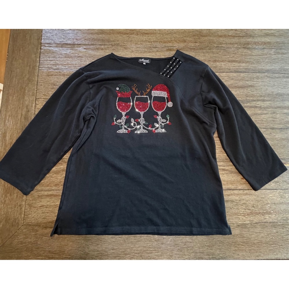 Marvel Fashions Womens 3XL Christmas Wine Glass Rhinestone Top Black 3/4 Sleeve